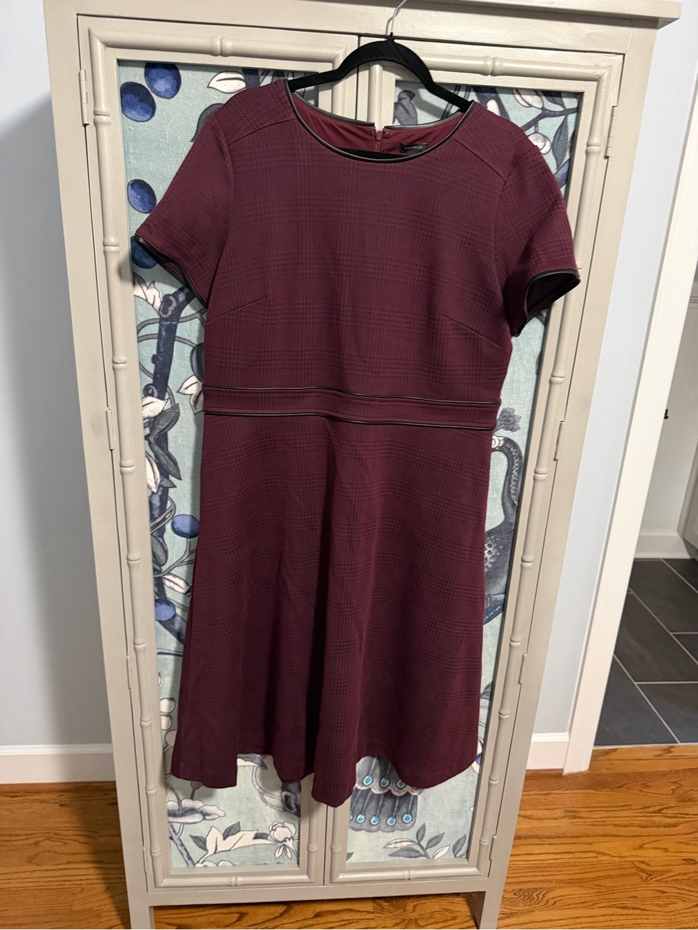 Ann Taylor Women's Short Sleeve A-Line Dress with faux leather detail - Burgundy